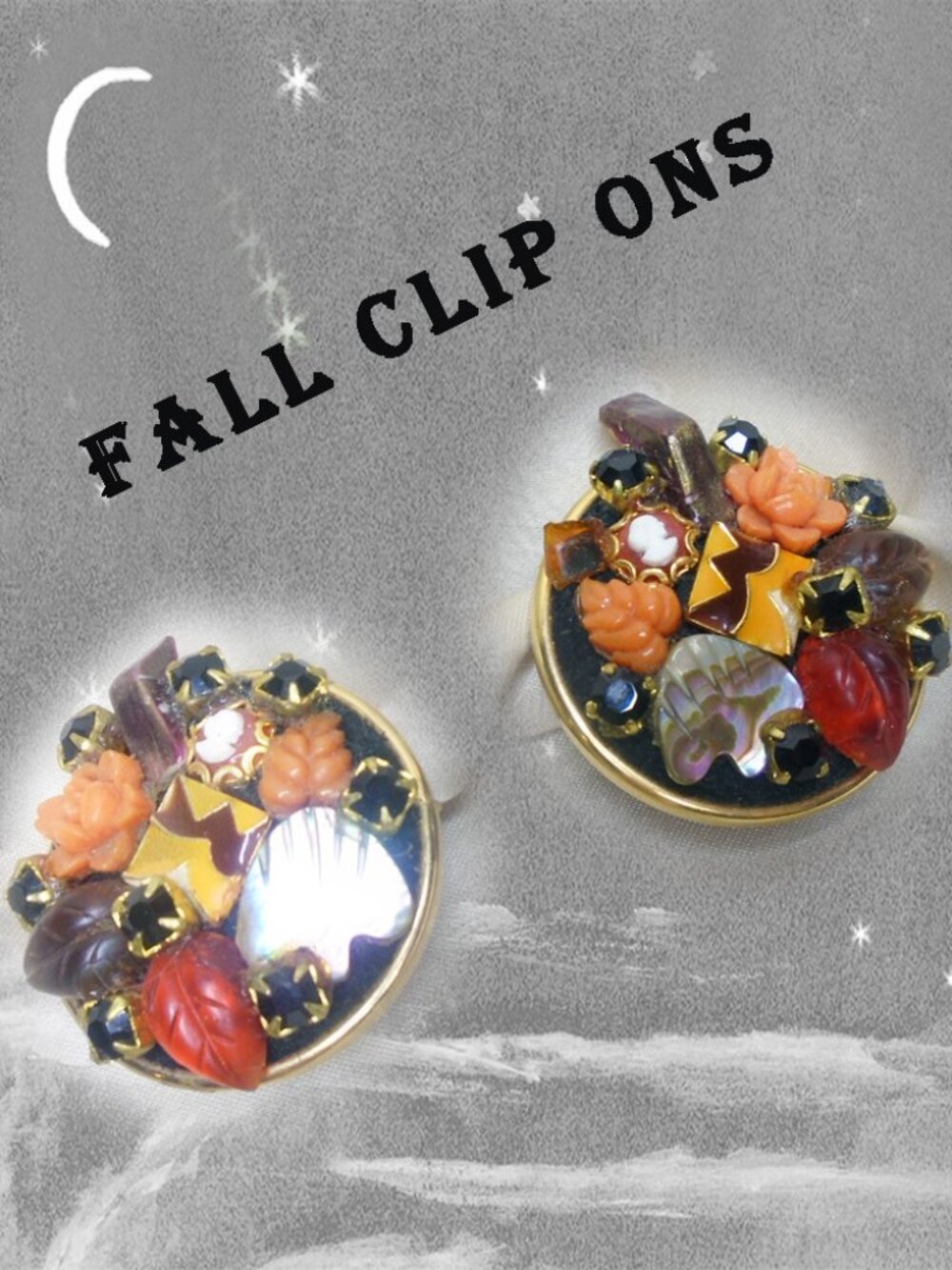 Autumn Earrings Big Clip ons with Fall Collage OOAK - Autumnal Moricore